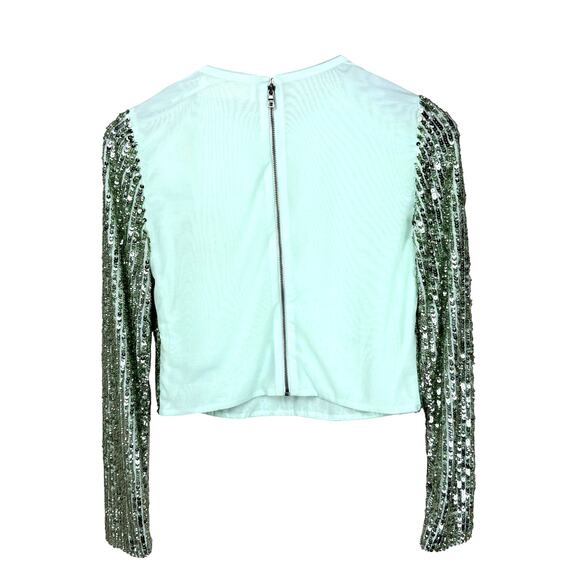 ALICE + OLIVIA Delaina Long Sleeve Sea Green Sequin Crop Top - Picture 12 of 14